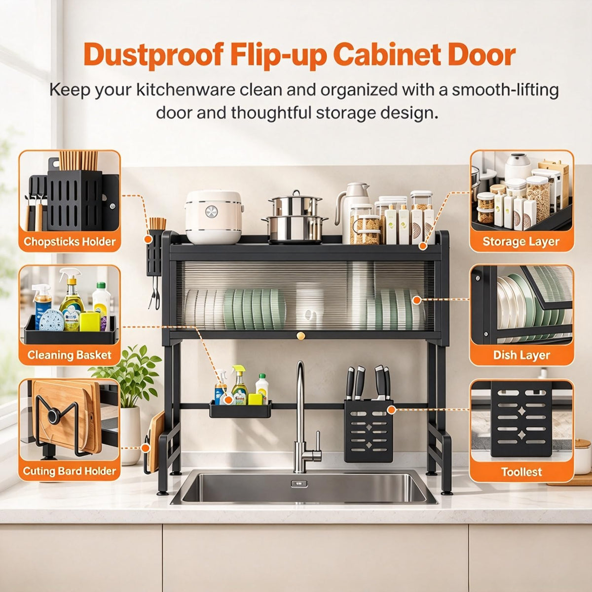 HASTHIP Large Over-the-Sink Dish Drying Rack with Dustproof Flip Cover, Carbon Steel Construction