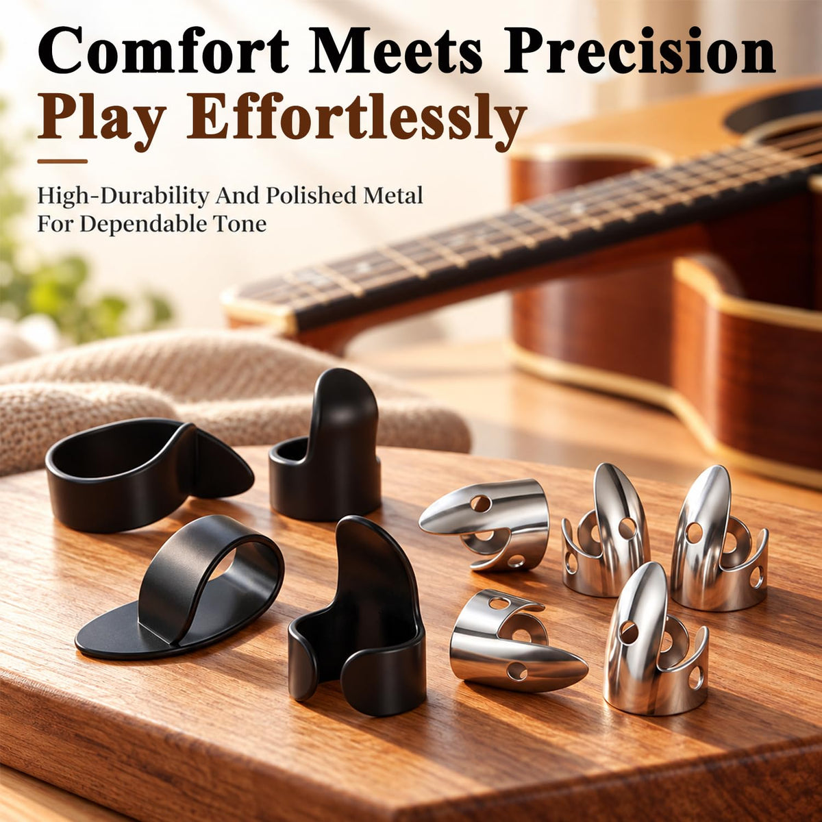 HASTHIP Adjustable 8-Piece Finger and Thumb Picks for Banjo and Guitar, Stainless Steel, Silver and Black