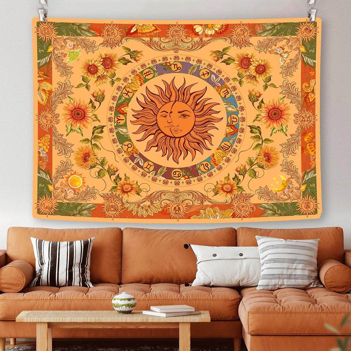 HASTHIP® Sun and Moon Tapestry, Aesthetic Sun Moon Sunflower Tapestry, Retro Tapestries Wall Art Tapestry Cover Wall Hanging Room Decor for Bedroom Livingroom, 51x59 inches