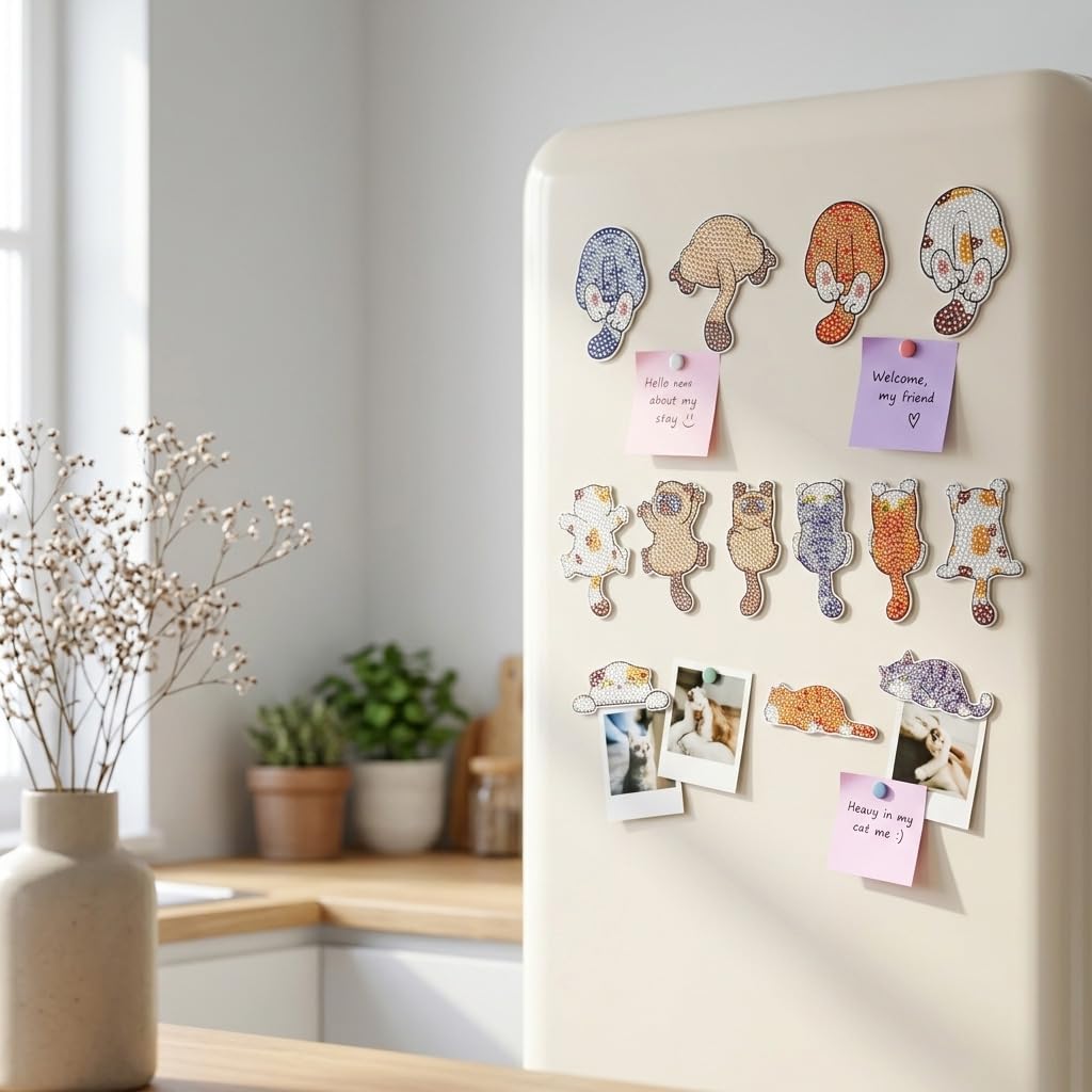 HASTHIP 16PCS Cartoon Kitty Diamond Art Fridge Magnet Kit with Rhinestones for Kids and Adults