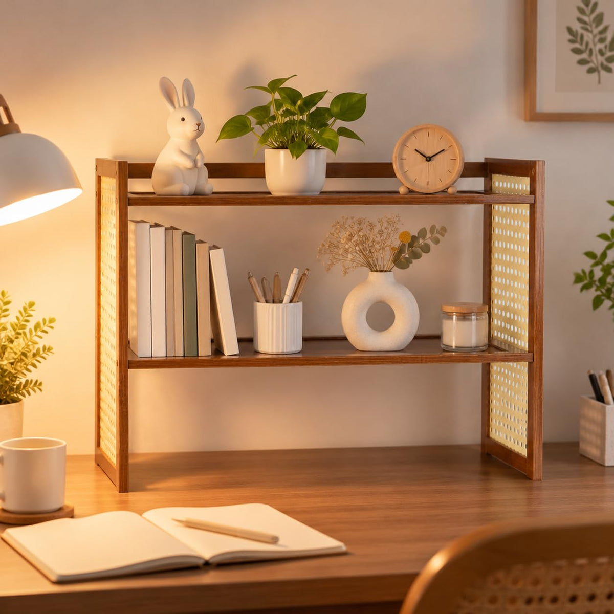 HASTHIP Two-Tier Brown Desktop Shelf with Pegboard for Books, Supplies and Compact Desk Organization