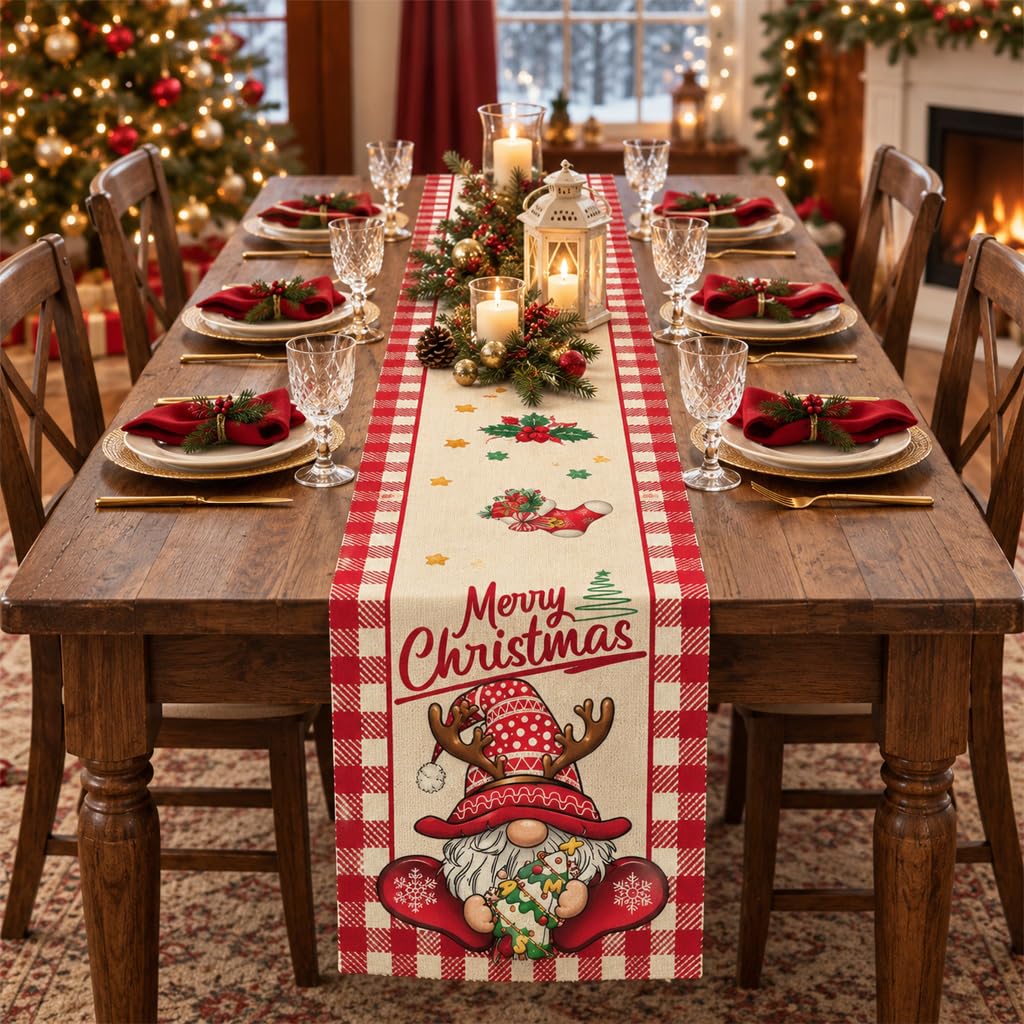 HASTHIP Plaid Snowflakes Christmas Table Runner in Linen Fabric for 4 to 6 Person Tables