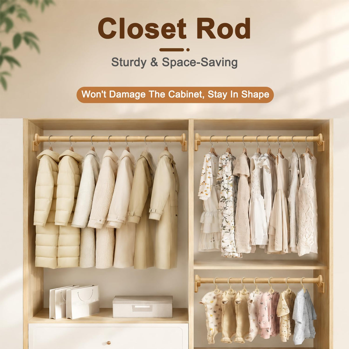 HASTHIP Self Adhesive Adjustable Closet Rod Woodgrain Finish Hanging Bar Made Stainless