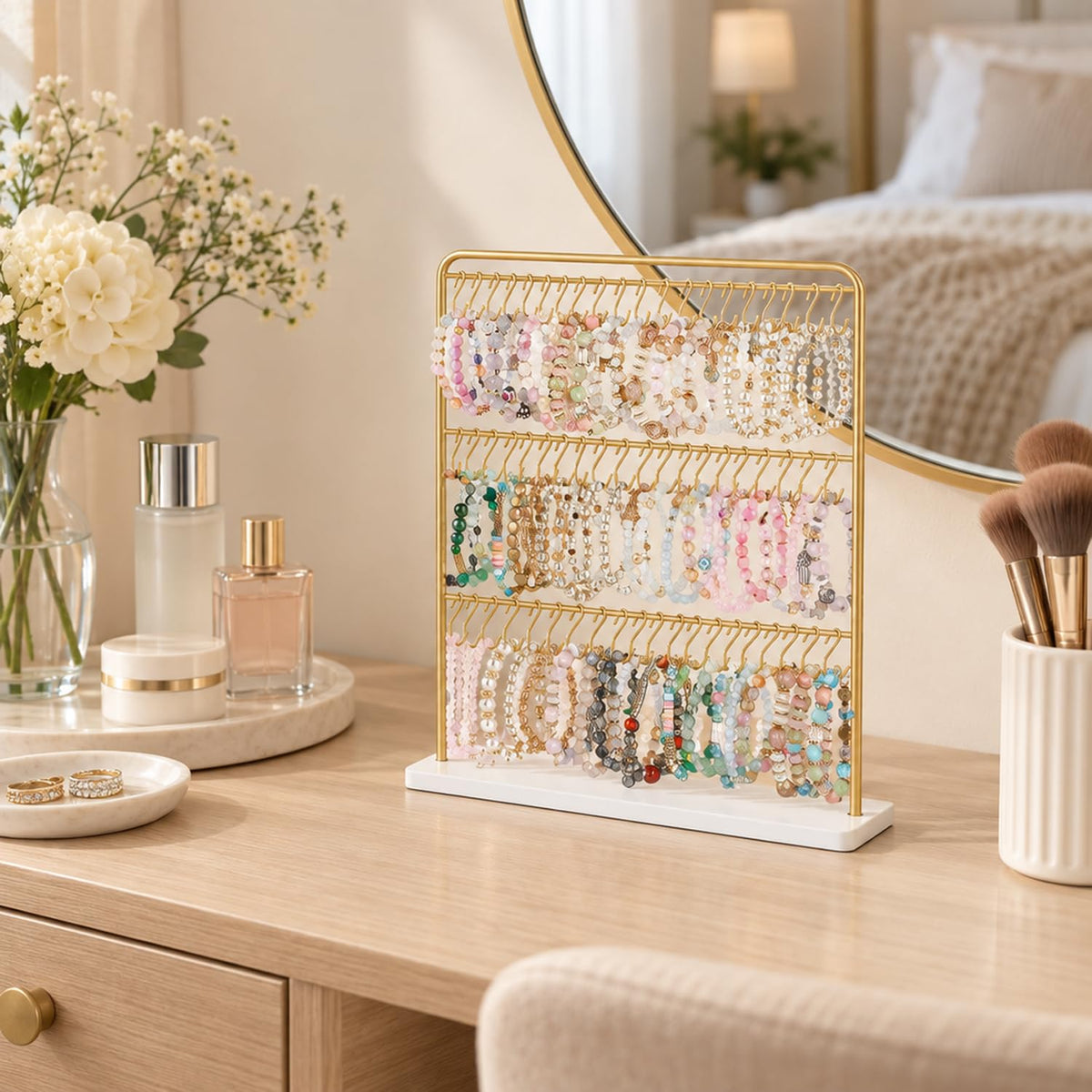 HASTHIP 60-Hook Bracelet Holder Display Stand with Solid Wood Base and Tiered Metal Frame