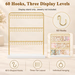 HASTHIP 60-Hook Bracelet Holder Display Stand with Solid Wood Base and Tiered Metal Frame