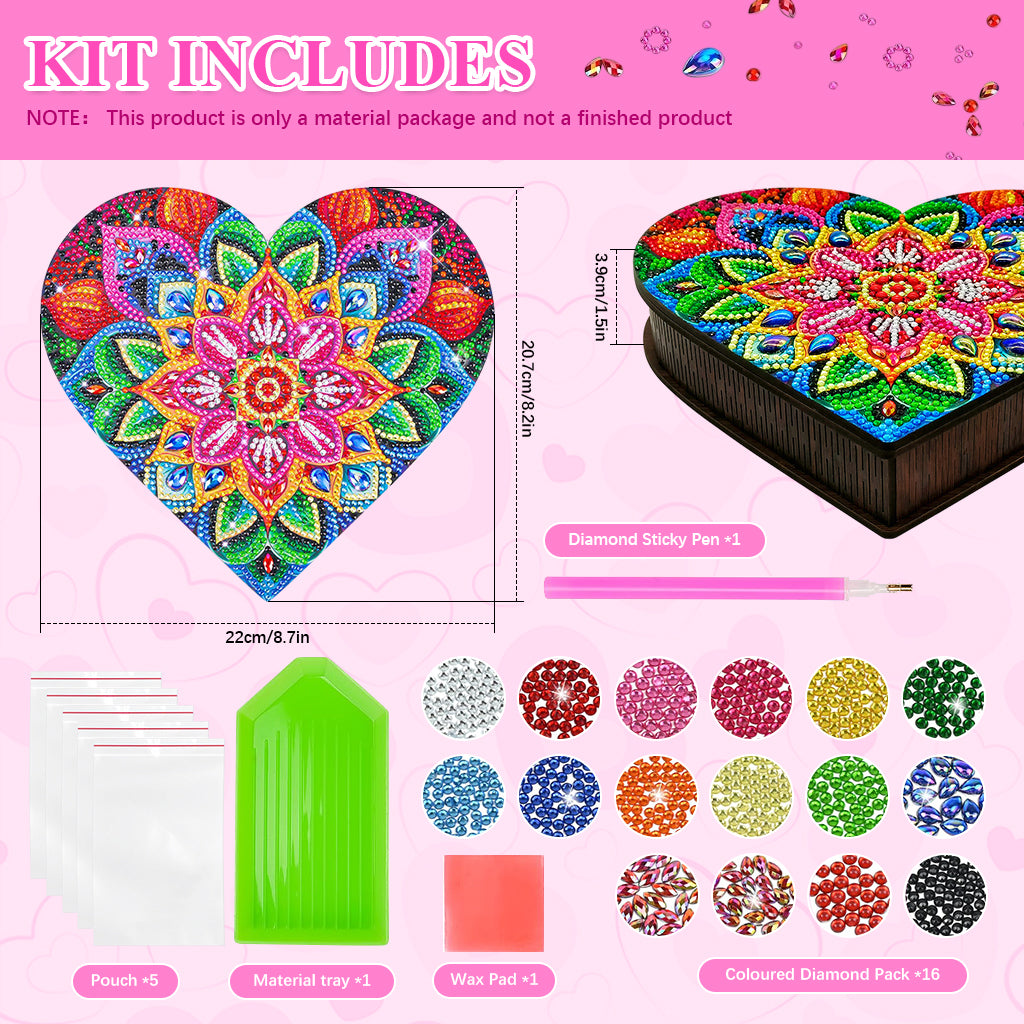 HASTHIP® DIY Diamond Paint Art Kit Colorful Mandala Flower Wooden Jewelry Box Assembly Empty Heart-shaped Wooden Storage Organizer DIY Diamond Paint Gift Box Christmas Gift Birthday Gift, 22x20x4cm