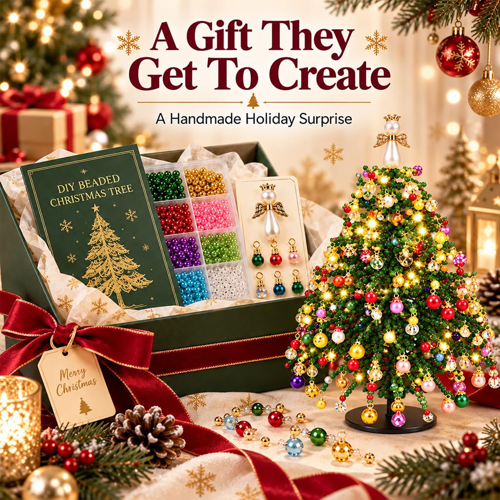 HASTHIP DIY Beaded Christmas Tree Kit with Metal Frame, Angel Topper and Colorful Beads
