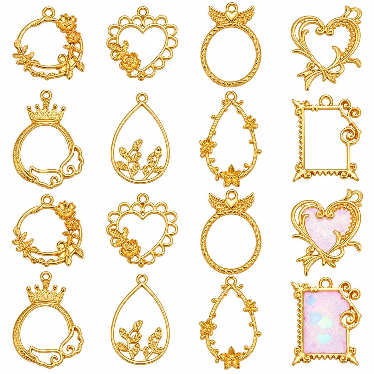 HASTHIP Gold-Plated Zinc Alloy Open-Back Bezel Pendants, 16 Pieces in 8 Styles for Resin Jewellery
