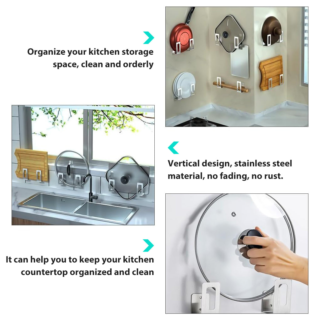 HASTHIP® 4Pcs Wall Pot Lid Holders Rackets Pre-punched Hole Design Stainless Pot Lid Organizer Holder Space Saving Kitchen Utility Wall Brackets for Pot Lids, Pan, Chopping Board