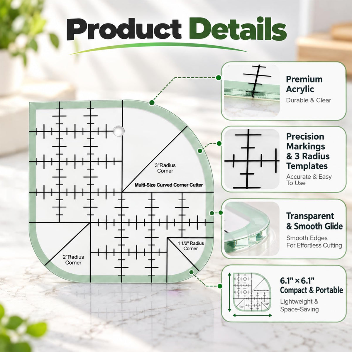 HASTHIP Curved Corner Quilting Ruler in Clear Acrylic, Three Radius Sizes and 45°/90° Markings