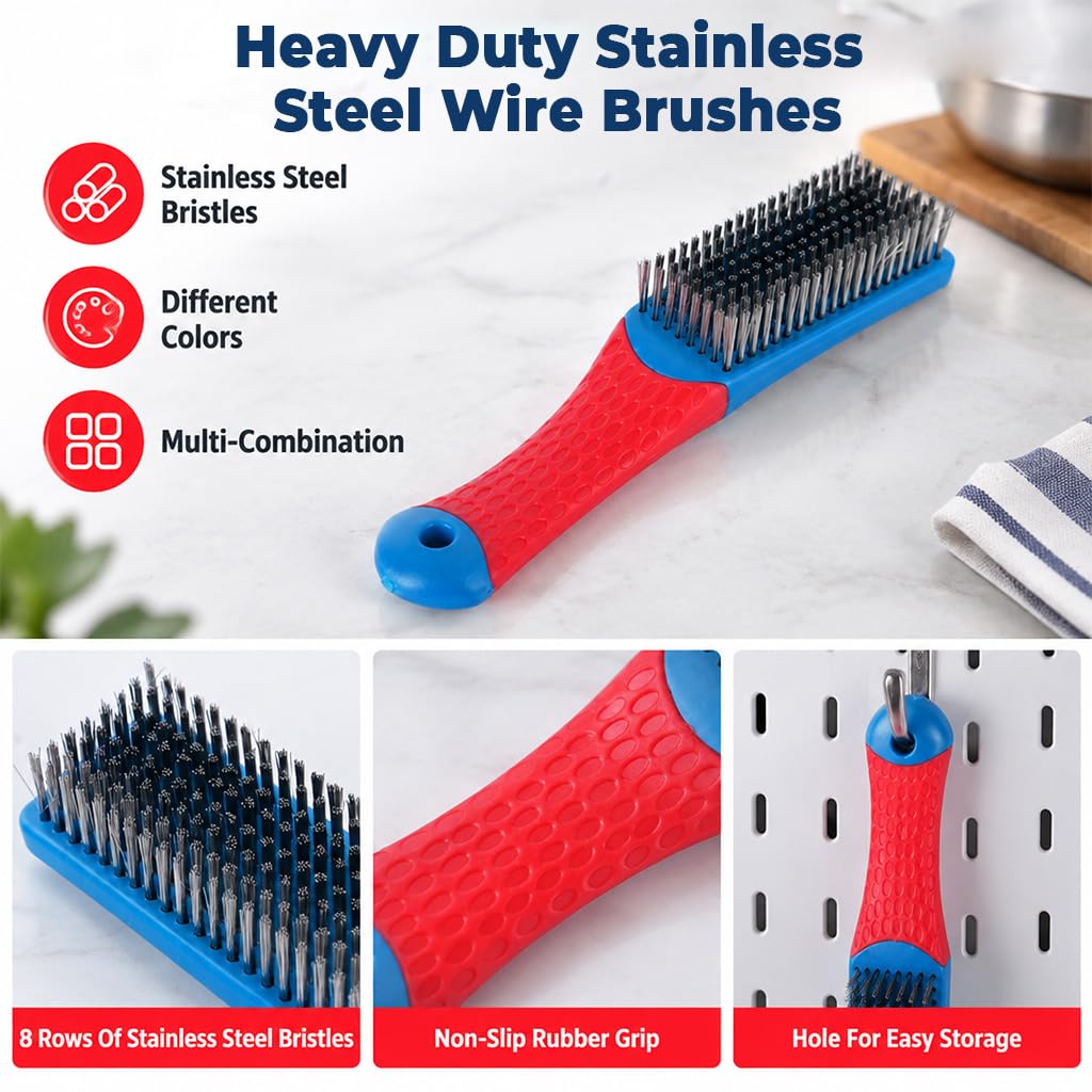 HASTHIP 3-Piece Stainless Steel Wire Brush Set with Two 8-Row Brushes and Slim Gap Brush