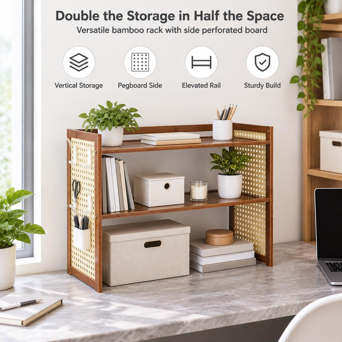 HASTHIP Two-Tier Brown Desktop Shelf with Pegboard for Books, Supplies and Compact Desk Organization