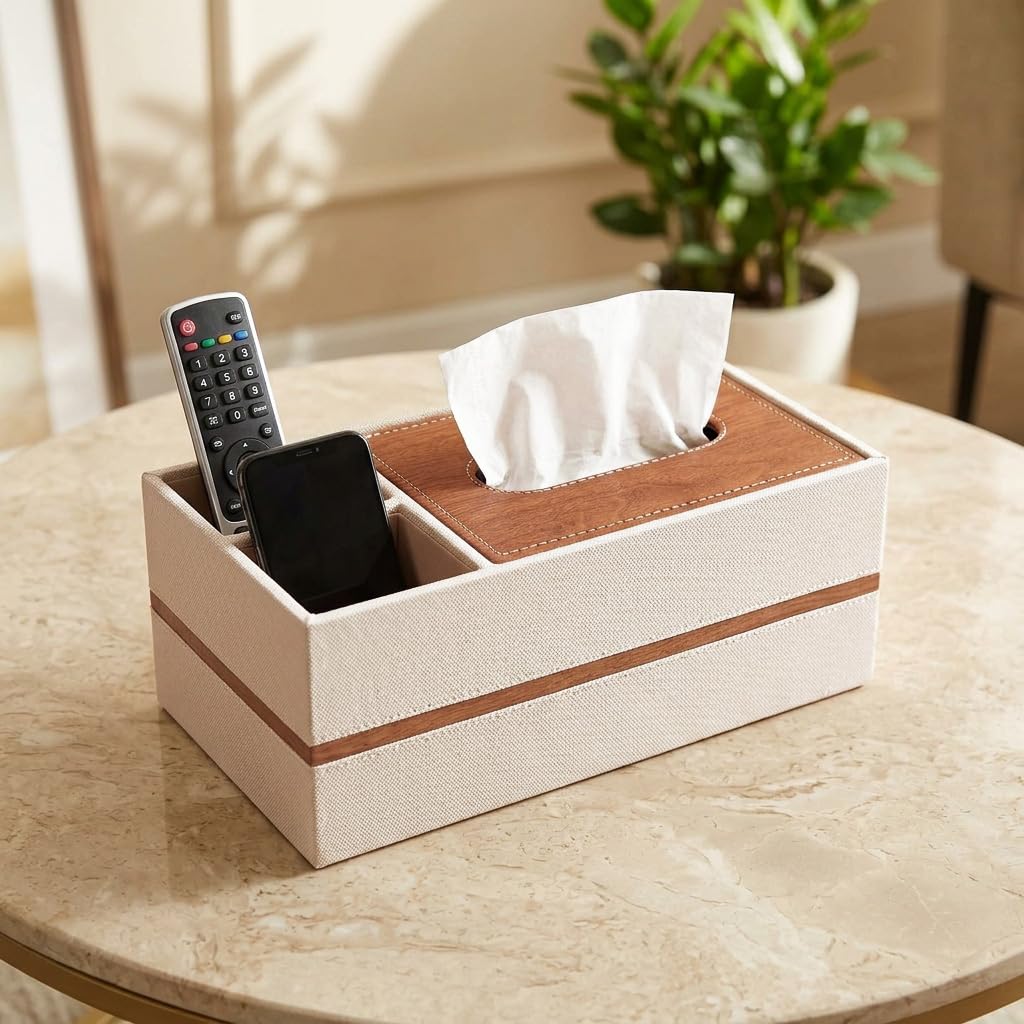 HASTHIP Rectangular PU Leather Tissue Box Cover with Remote Compartments, 9.4 x 5.1 x 3.5 Inches