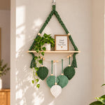 HASTHIP Boho Wall-Mounted Storage Shelf with Green Leaf Weaving, Tassel Trim and Wood Platform