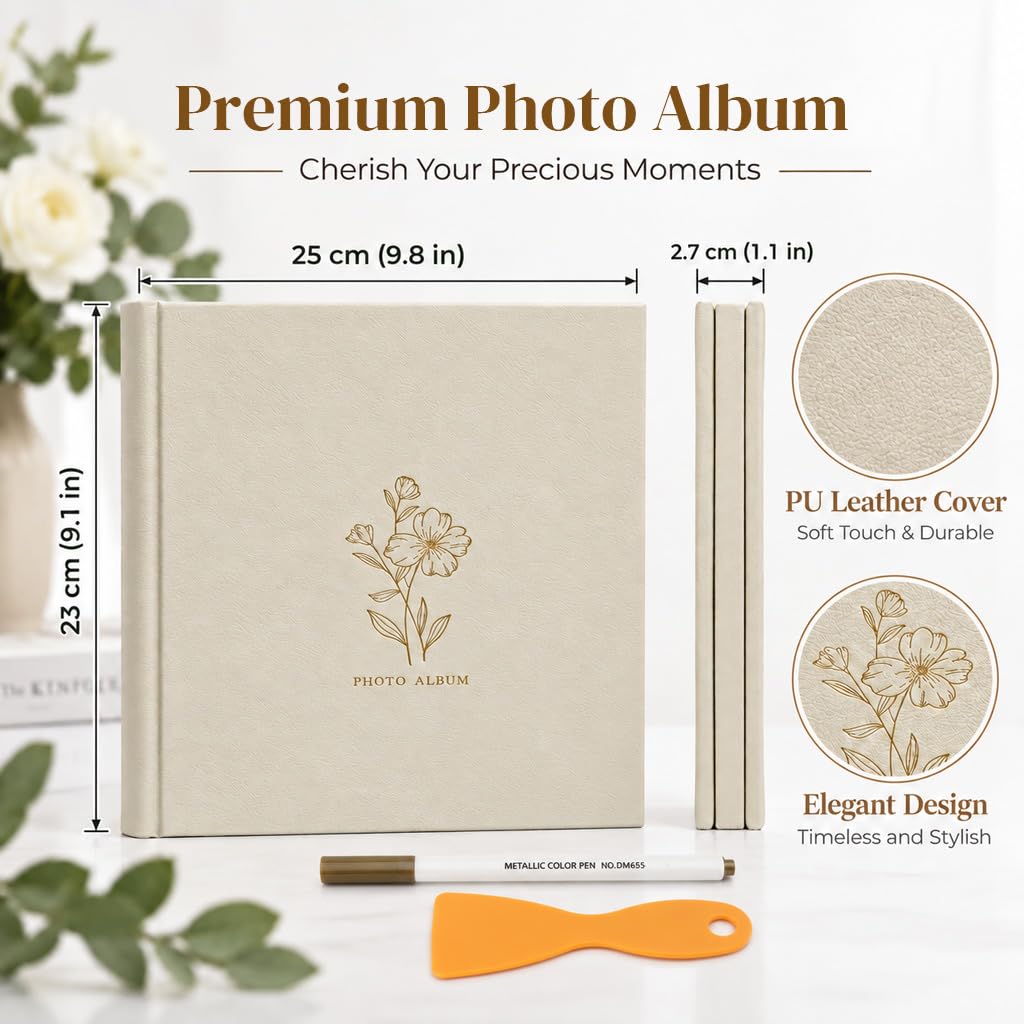 HASTHIP Self-Adhesive Photo Album, 23 x 25 cm, Beige Leather Cover, 20 Sheets, 40 Pages