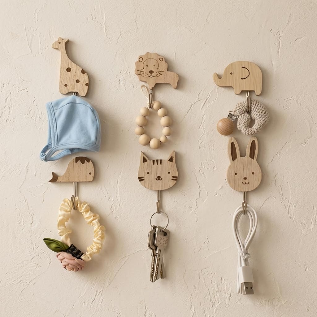 HASTHIP Set of 6 Cartoon Animal Wood Wall Hooks with Self-Adhesive No-Drill Installation