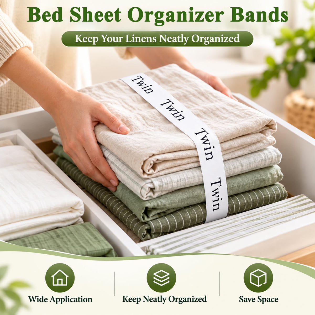 HASTHIP Bed Sheet Organizer Bands, 4-Pack Stretchy Fabric with Twin, Full, Queen and King Labels
