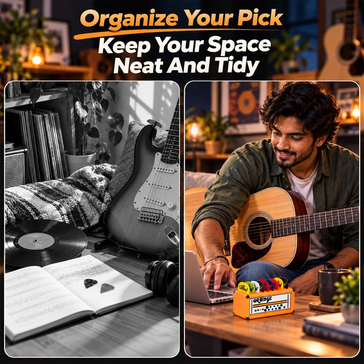 HASTHIP Orange Guitar Pick Holder Box with Amp Speaker Style, 9 Slots and No Assembly Needed