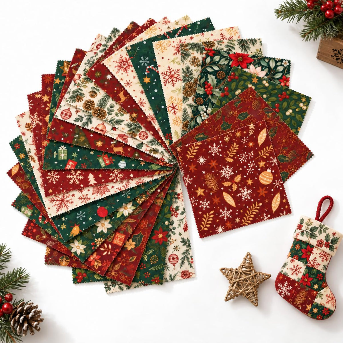 HASTHIP 20-Piece Cotton Fabric Squares, 25 x 25 cm Floral Prints for Sewing and Crafting
