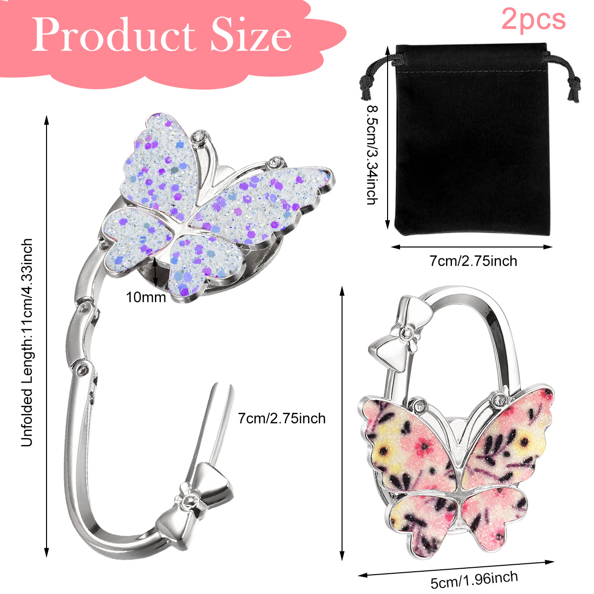 HASTHIP® 2Pcs Foldable Purse Hook, Women Bag Table Hanger Collection Purse Hanger for Table, Portable Table Bag Holder for Handbag, Backpack, Sling Bag ( Metal Multi-Purpose Hook with Storage Bag)