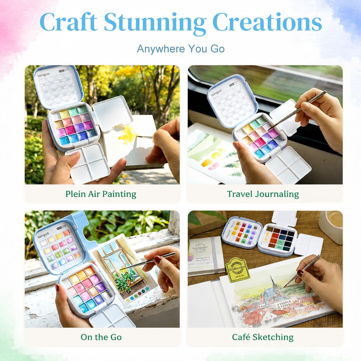 HASTHIP Mini Watercolor Paint Set, 16 Colors, Pocket Kit with 300GSM Cotton Paper and 4 Brushes