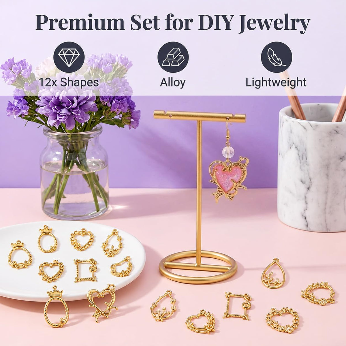 HASTHIP Gold-Plated Zinc Alloy Open-Back Bezel Pendants, 16 Pieces in 8 Styles for Resin Jewellery