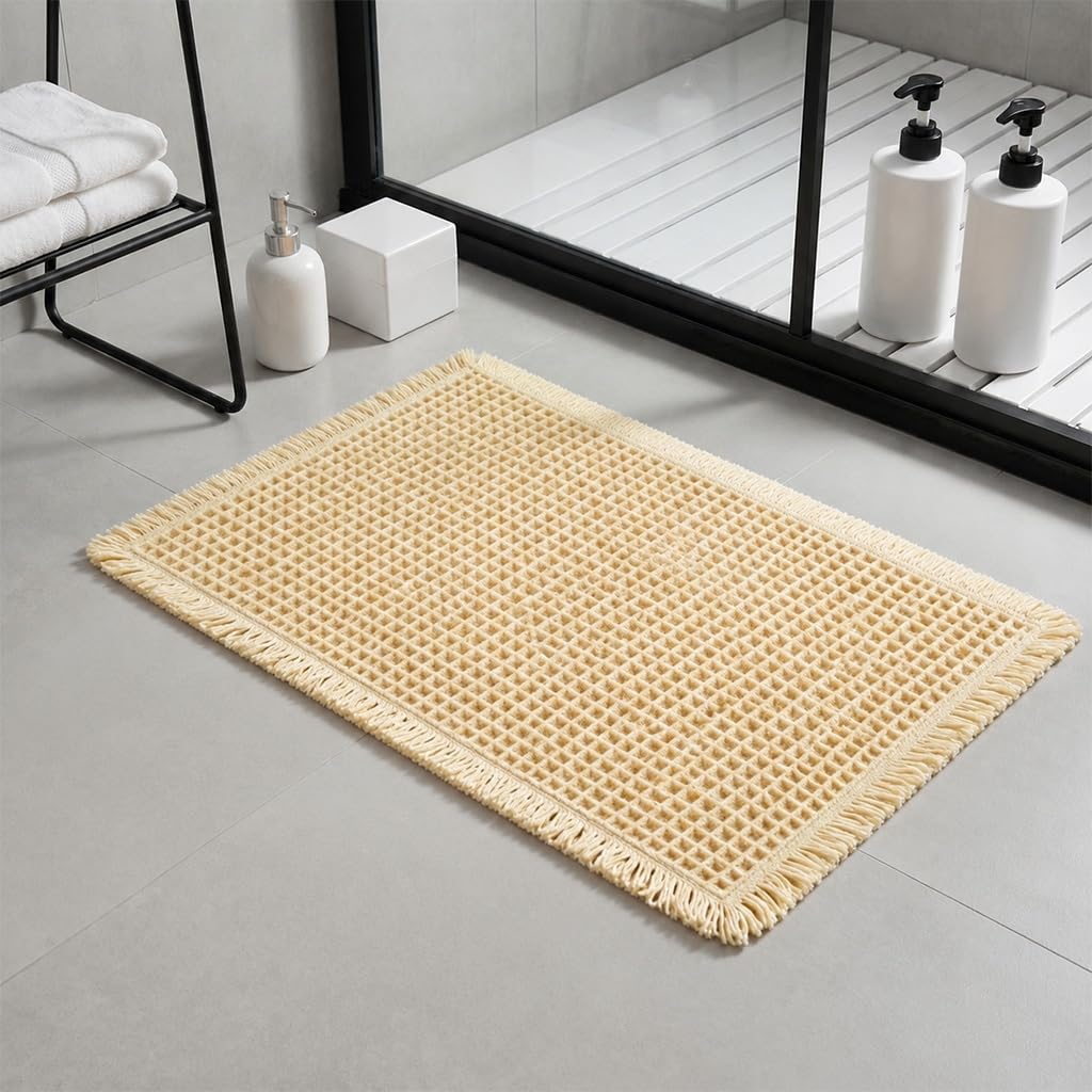 HASTHIP Waffle Bath Rug, Double-Layer Polyester with Non-Slip Rubber Back, Cream White, 43×61cm
