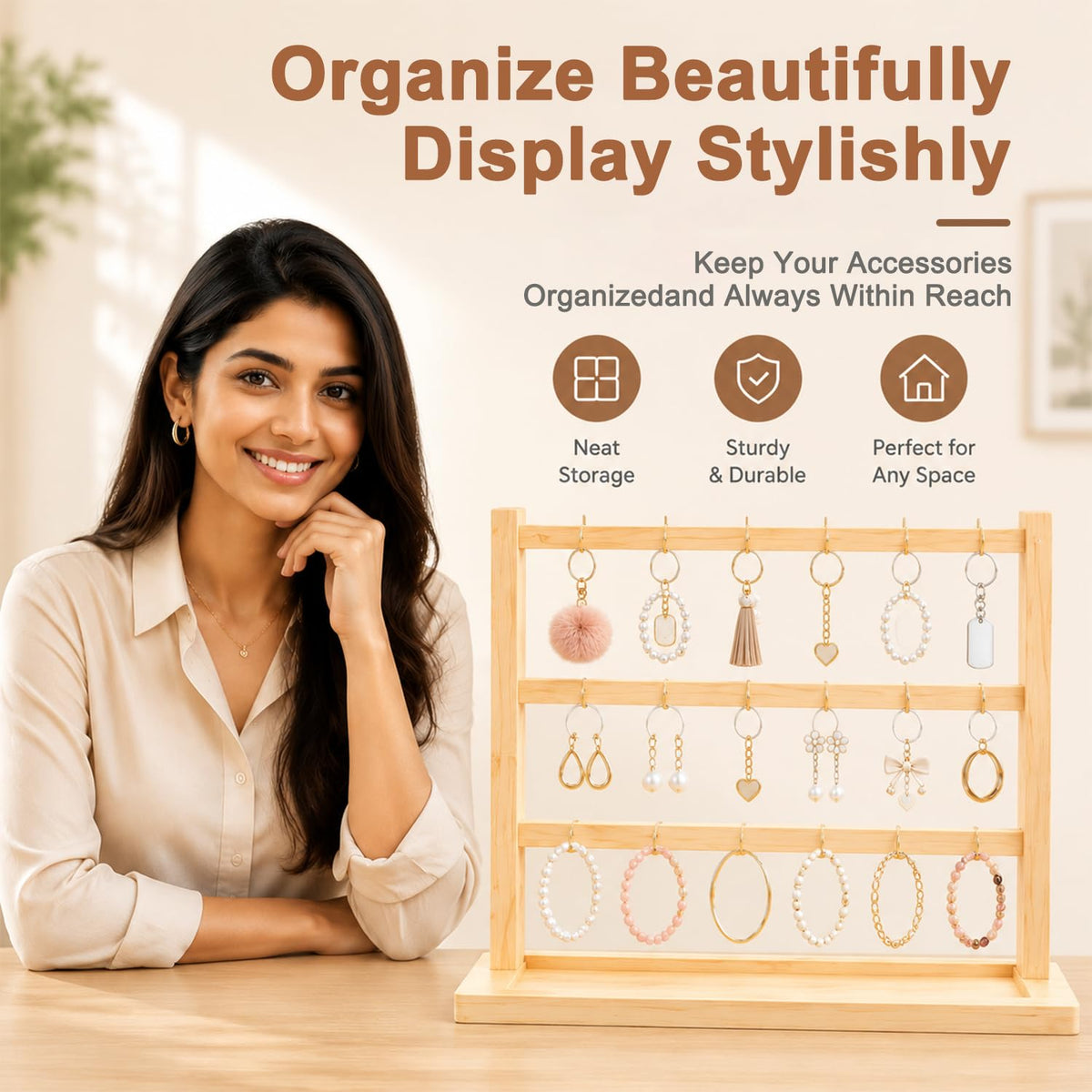 HASTHIP Wood Keychain Display Stand with 18 Hooks, 3-Tier Square Rack and Grooved Base