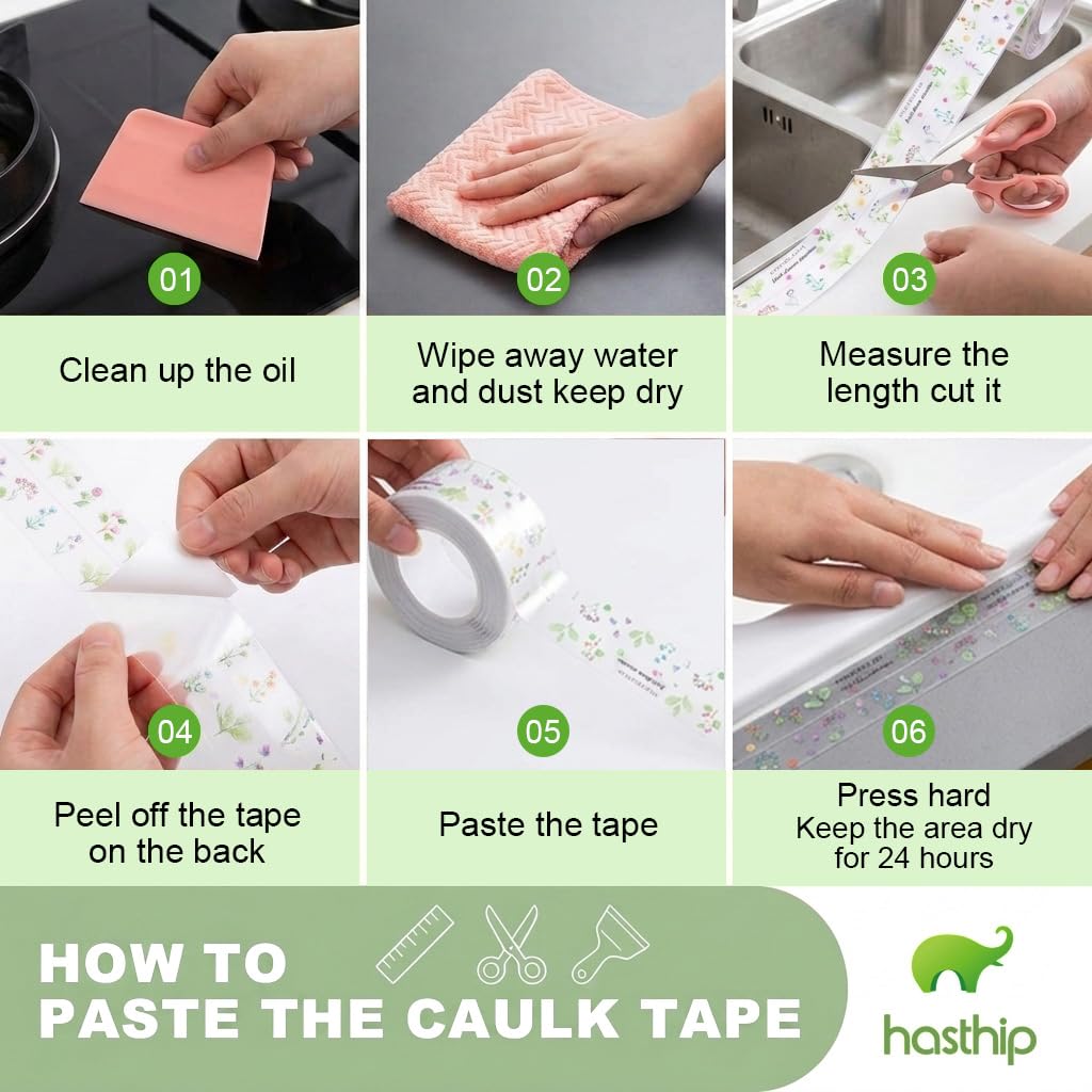 HASTHIP Patterned Caulk Strip Tape, Clear PVC Sealer with Center Crease for Kitchen and Bathroom Edges