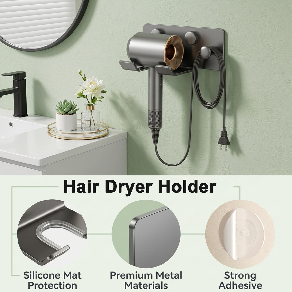 HASTHIP Wall-Mounted Hair Dryer Holder in Carbon Steel with U-Shaped Soft Rubber Support and Cord Hook