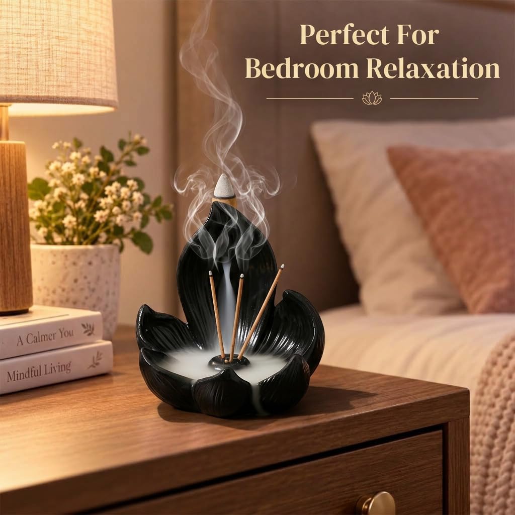 HASTHIP 10cm Lotus Incense Burner, Black Resin 4-Hole Stick Holder with Backflow Effect