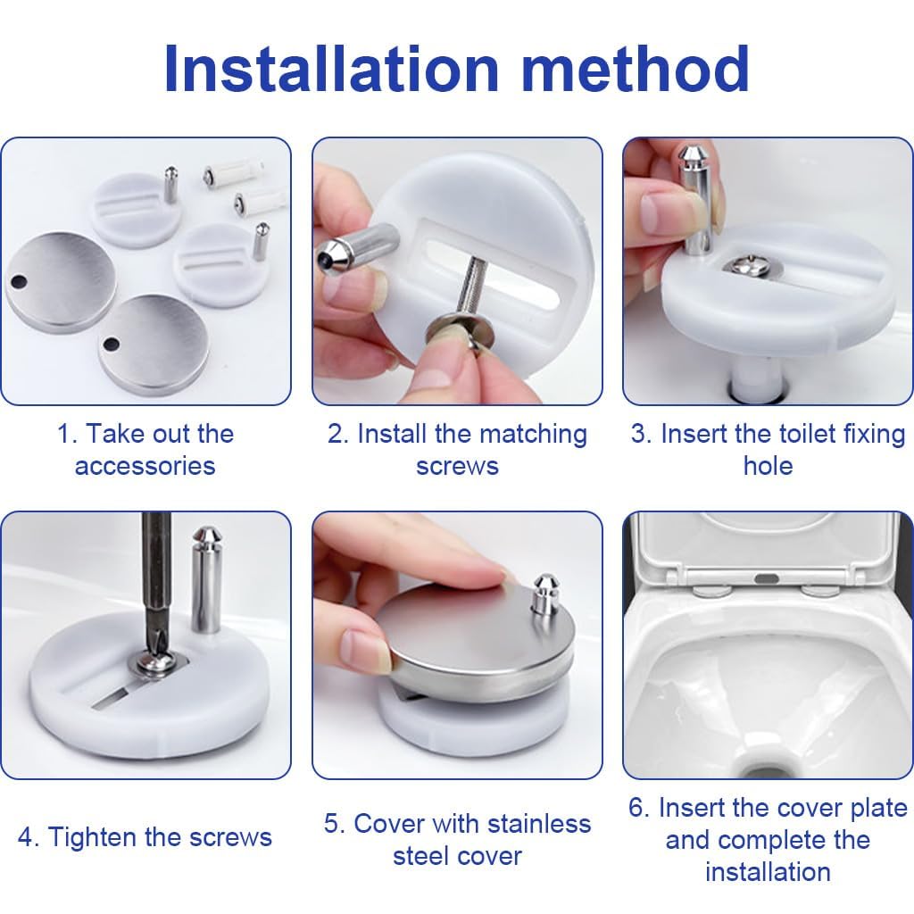 HASTHIP 6-Piece Toilet Seat Fixing Kit with Black Stainless Steel Hinges and Top-Fix Rubber Nuts