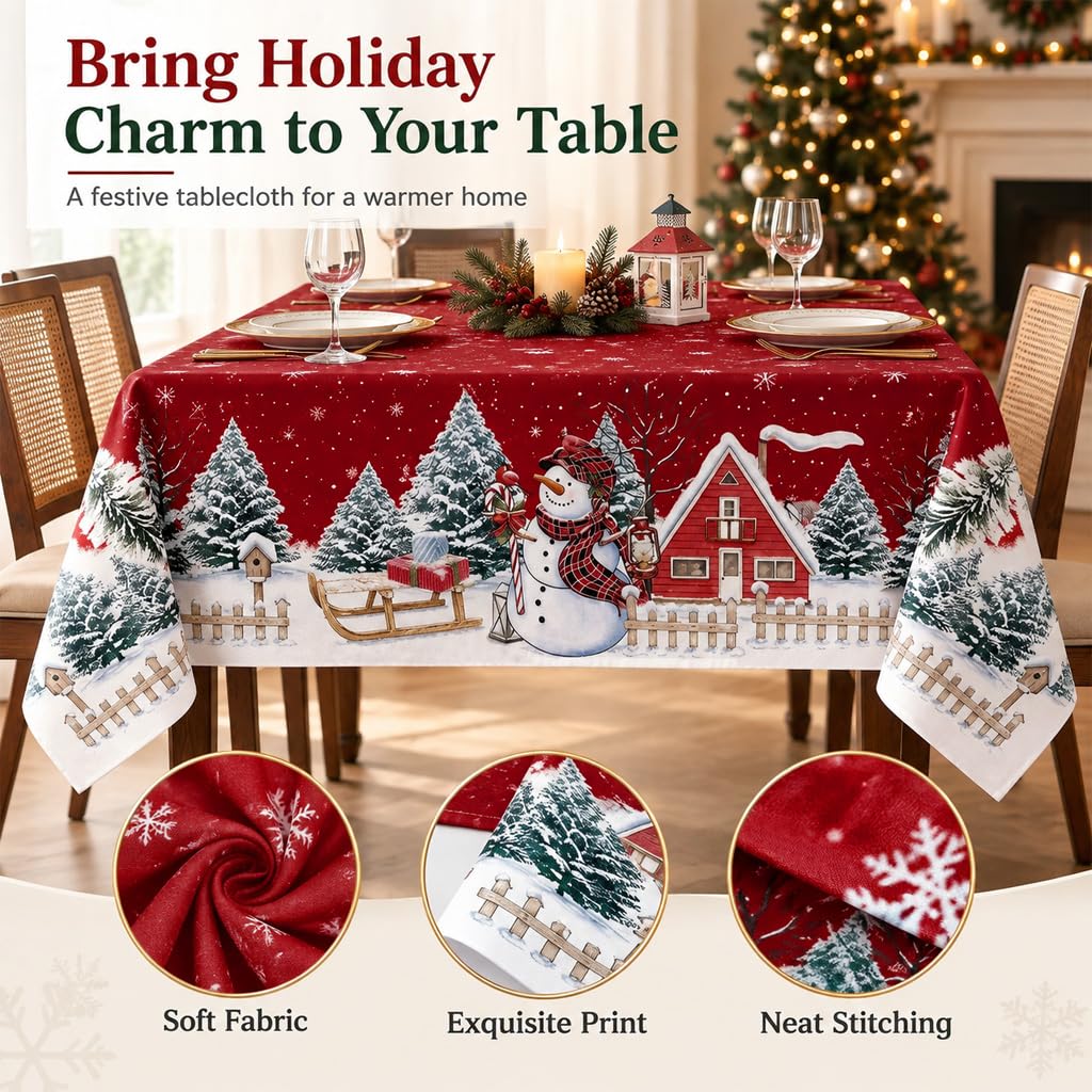 HASTHIP Christmas Tablecloth, 100D Polyester Snowman Pattern, 60 by 90 Inches, 6-Seater Fit