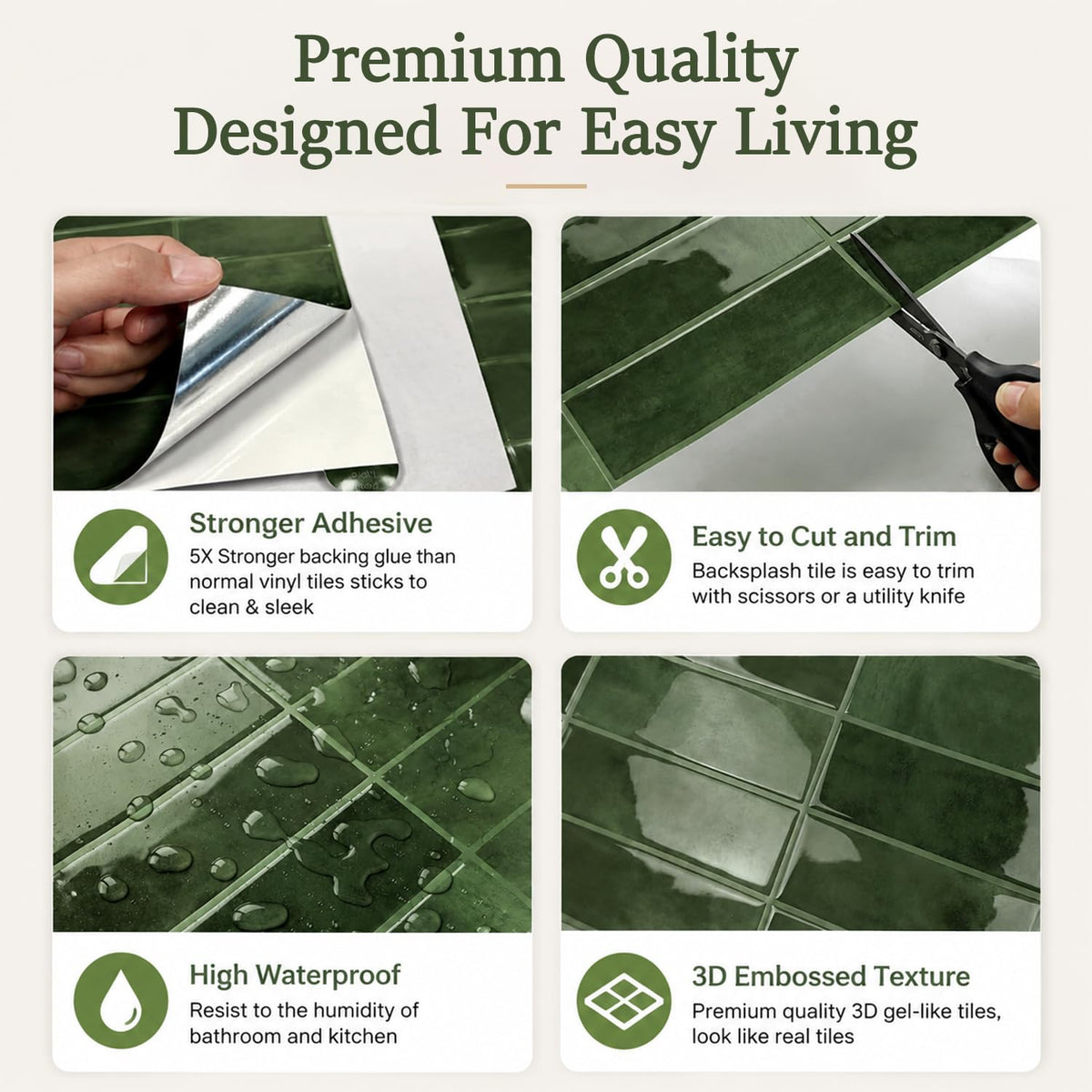 HASTHIP 10-Piece Green Peel-and-Stick Backsplash Tiles, Waterproof and Oil-Resistant