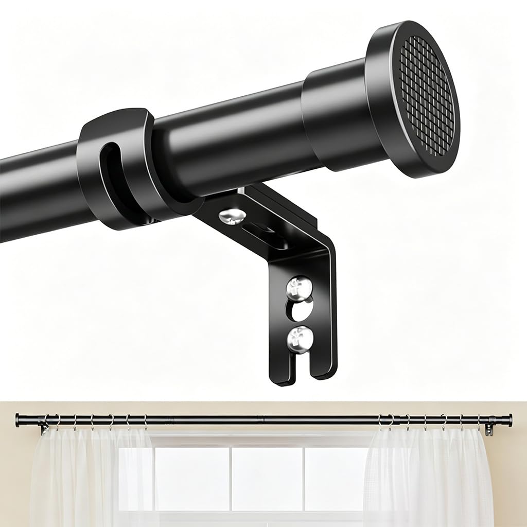 HASTHIP® Carbon Steel Curtain Rod Telescopic 80-182cm, Adjustable Length Extendable Drapery Rod with Wall Mount Brackets, Black Curtain Pole for Windows, Living Room Bedroom Home Decor