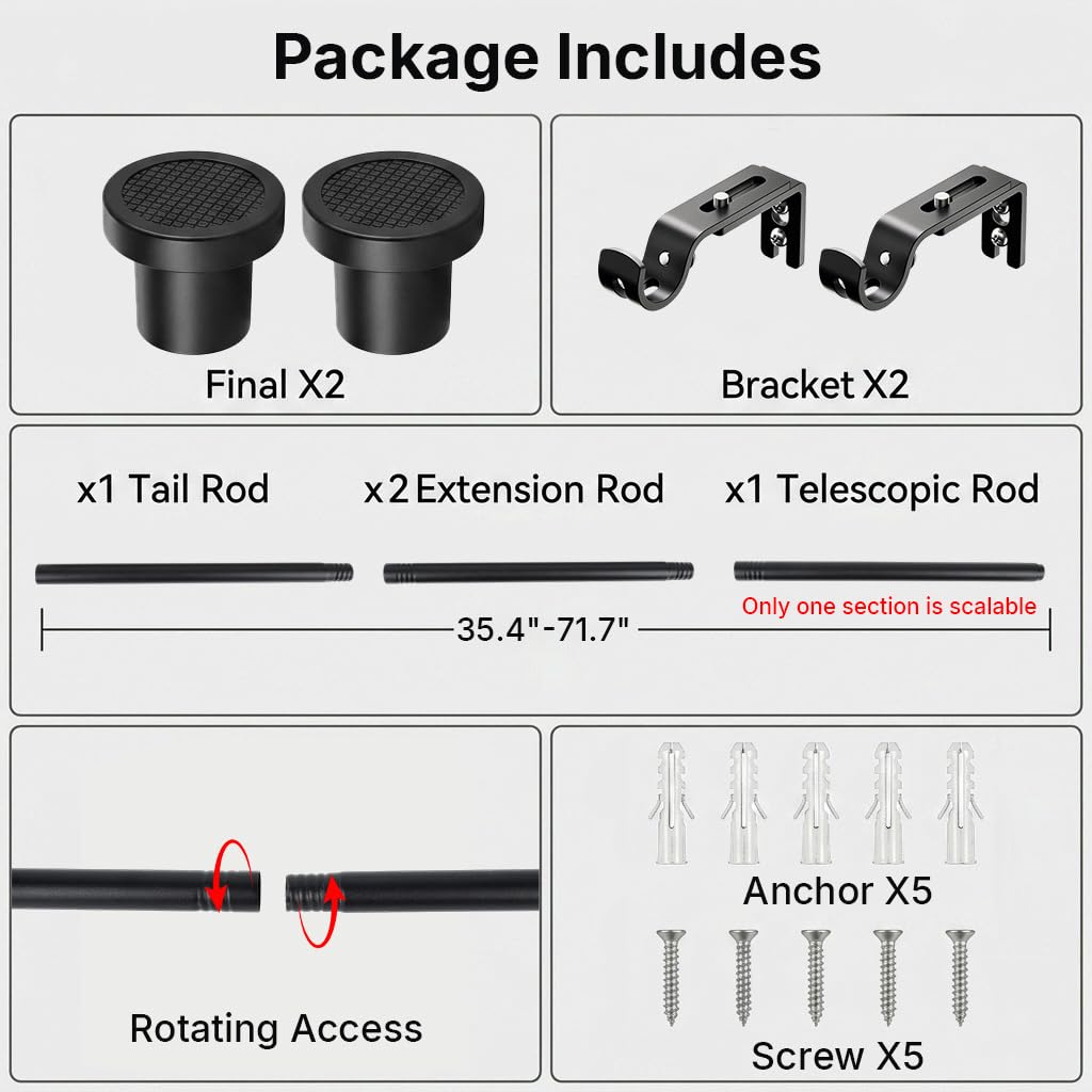 HASTHIP® Carbon Steel Curtain Rod Telescopic 80-182cm, Adjustable Length Extendable Drapery Rod with Wall Mount Brackets, Black Curtain Pole for Windows, Living Room Bedroom Home Decor