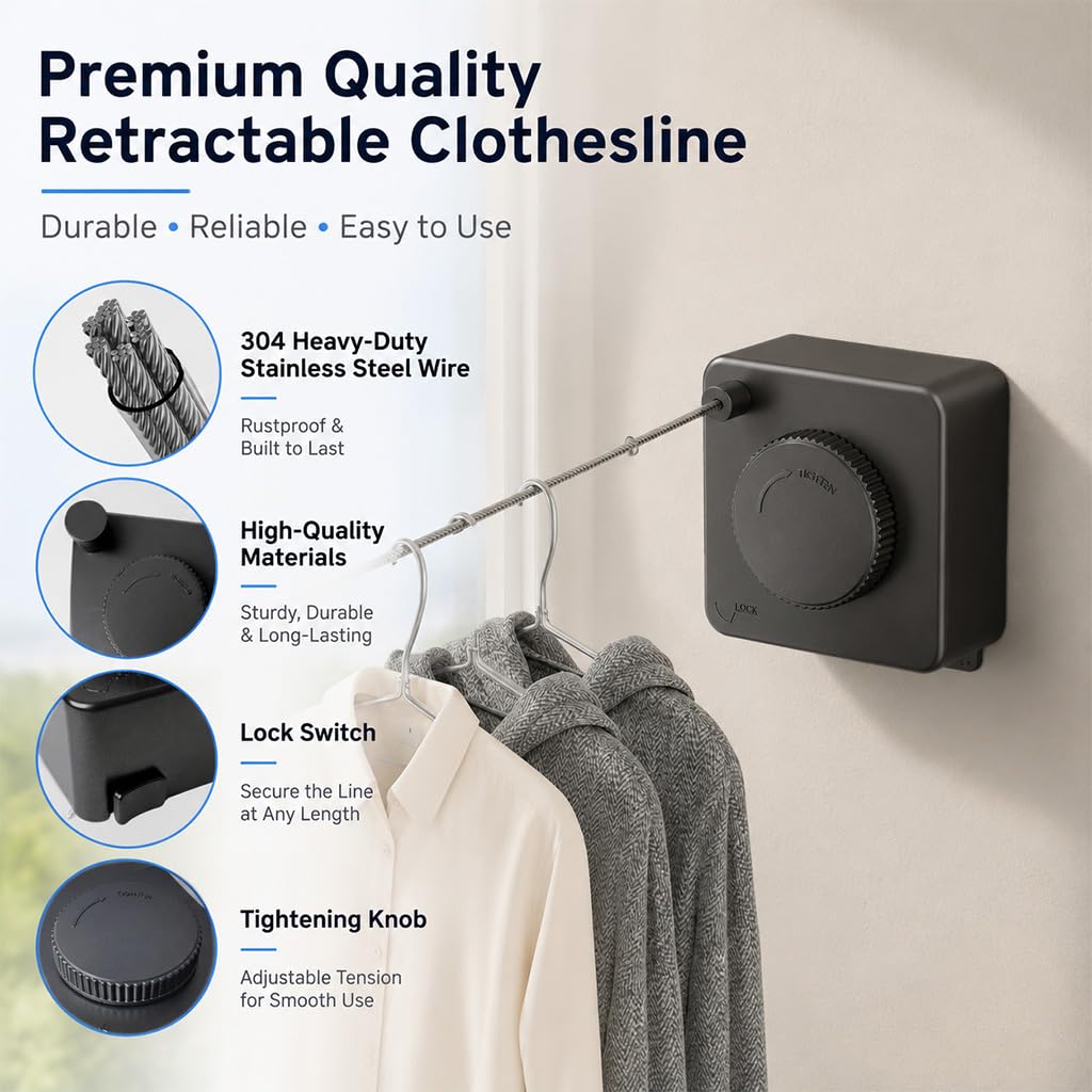HASTHIP® 4.2m/13.7ft Retractable Clothesline, No Drill Stainless Steel Clothesline Laundry Dry Rope Indoor/Outdoor Wall Mounted Clothesline, One Button to Retract, Adjustable Tension