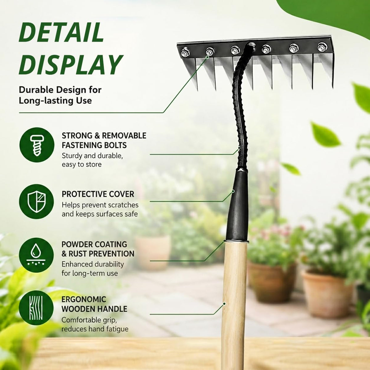 HASTHIP® 8-Tooth Garden Rake, Manganese Steel Hand Rake with Wooden Handle, 30cm Small Gardening Lawn Rake for Soil Loosening, Weeding & Leaf Collecting