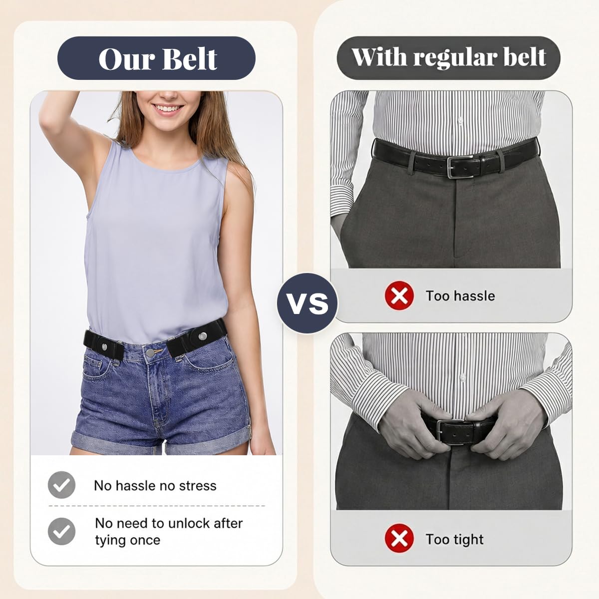 HASTHIP 2-Piece Buckle-Free Elastic Belts for Women - Beige