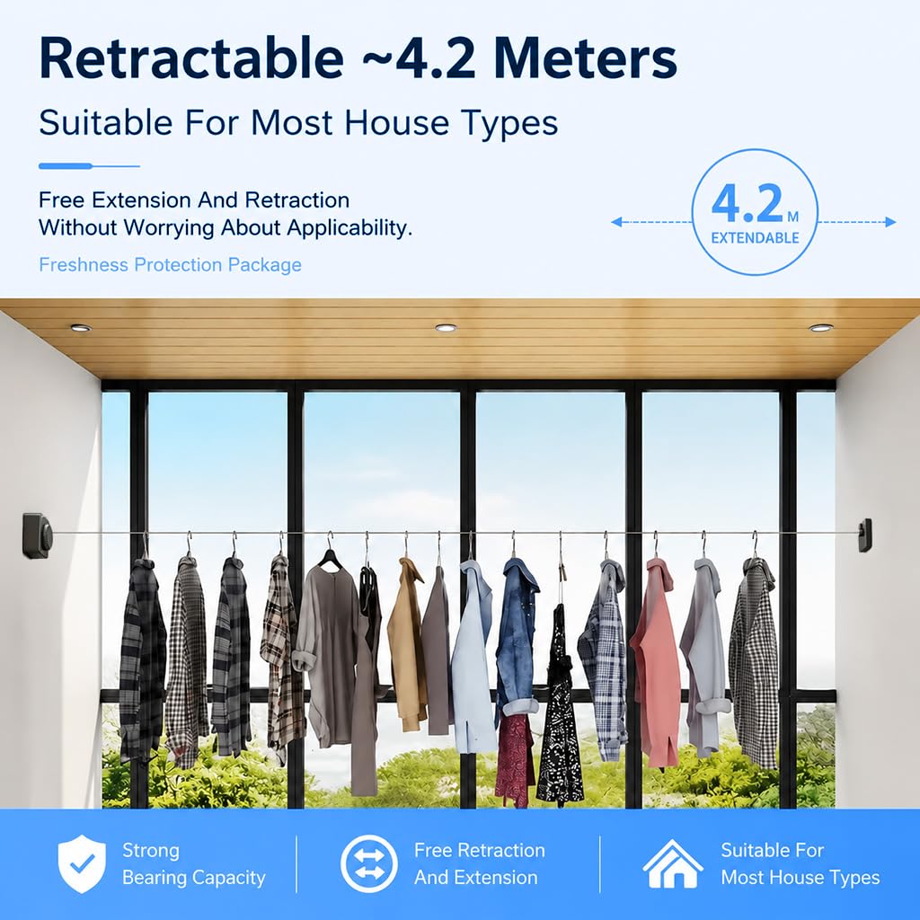 HASTHIP® 4.2m/13.7ft Retractable Clothesline, No Drill Stainless Steel Clothesline Laundry Dry Rope Indoor/Outdoor Wall Mounted Clothesline, One Button to Retract, Adjustable Tension