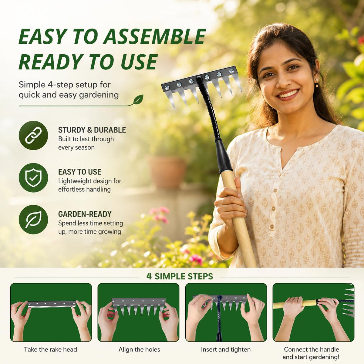 HASTHIP® 8-Tooth Garden Rake, Manganese Steel Hand Rake with Wooden Handle, 30cm Small Gardening Lawn Rake for Soil Loosening, Weeding & Leaf Collecting