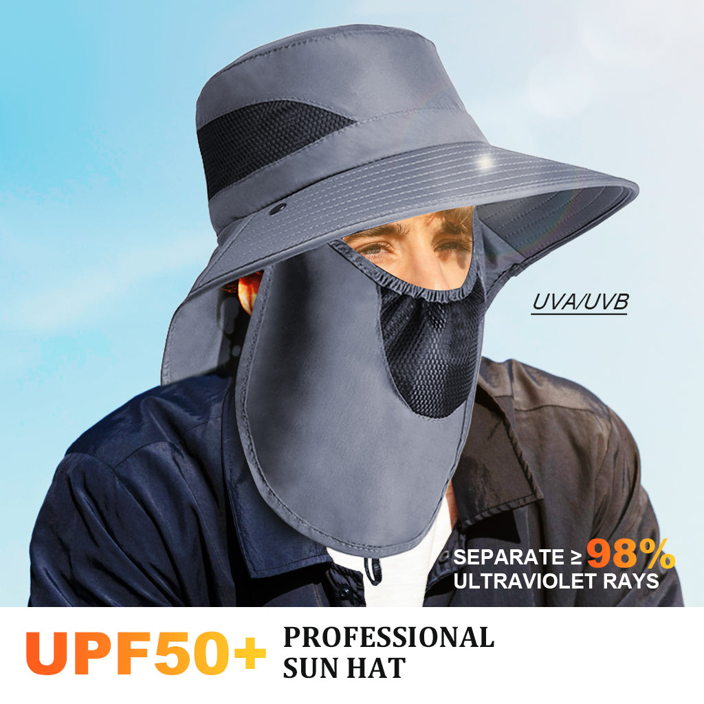 HASTHIP® Sun Hat Wide Brim Hat Hiking Hat UV-Protection Sun Hat with Neck Flap & Removable Face Cover Outdoor Unisex Sun Hat with Chin Strap, Breathable Sun Hat for Hiking, Fishing, Gardening, Grey