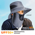 HASTHIP® Sun Hat Wide Brim Hat Hiking Hat UV-Protection Sun Hat with Neck Flap & Removable Face Cover Outdoor Unisex Sun Hat with Chin Strap, Breathable Sun Hat for Hiking, Fishing, Gardening, Grey