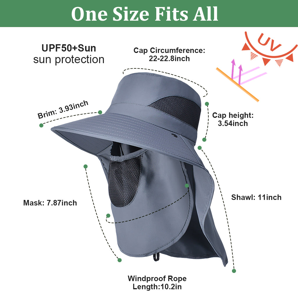 HASTHIP® Sun Hat Wide Brim Hat Hiking Hat UV-Protection Sun Hat with Neck Flap & Removable Face Cover Outdoor Unisex Sun Hat with Chin Strap, Breathable Sun Hat for Hiking, Fishing, Gardening, Grey