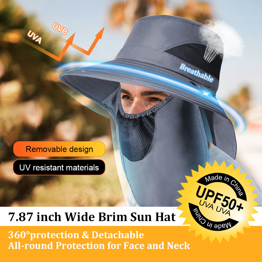 HASTHIP® Sun Hat Wide Brim Hat Hiking Hat UV-Protection Sun Hat with Neck Flap & Removable Face Cover Outdoor Unisex Sun Hat with Chin Strap, Breathable Sun Hat for Hiking, Fishing, Gardening, Grey