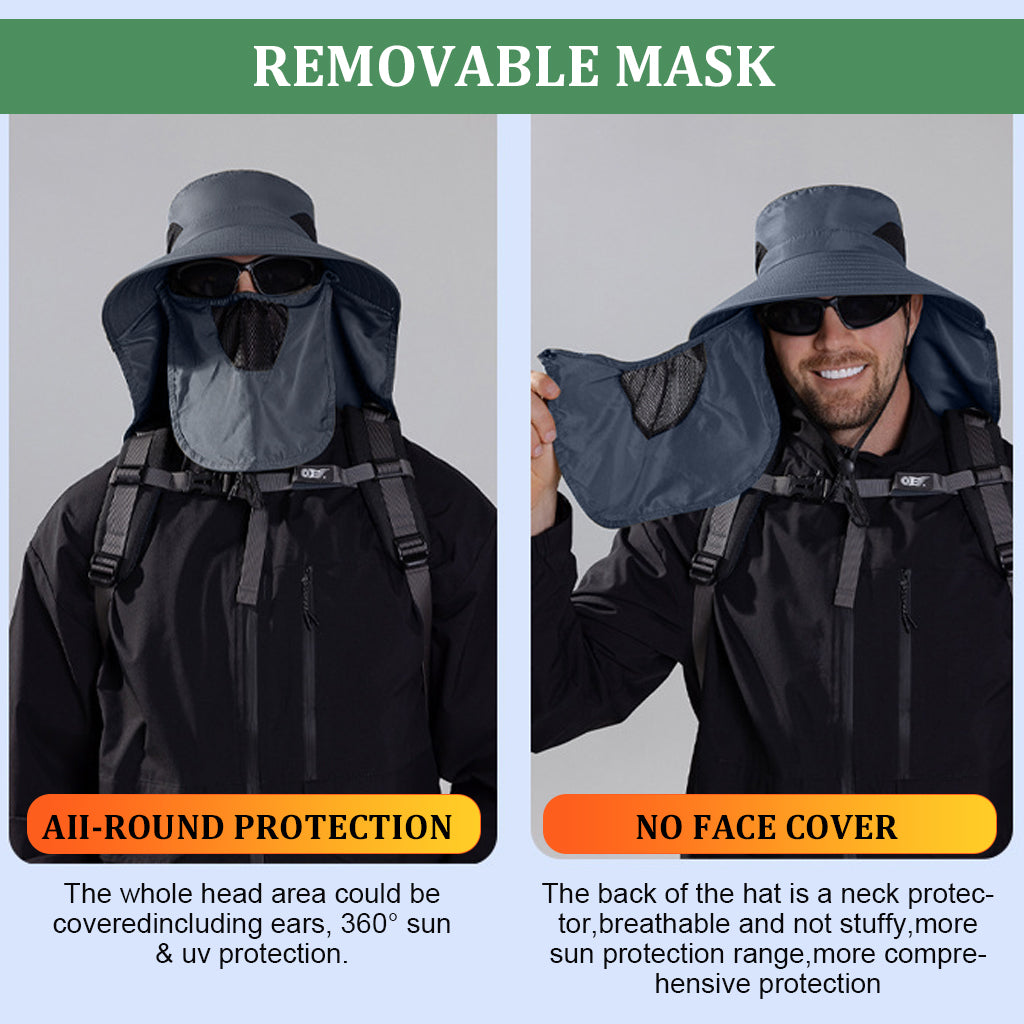 HASTHIP® Sun Hat Wide Brim Hat Hiking Hat UV-Protection Sun Hat with Neck Flap & Removable Face Cover Outdoor Unisex Sun Hat with Chin Strap, Breathable Sun Hat for Hiking, Fishing, Gardening, Grey