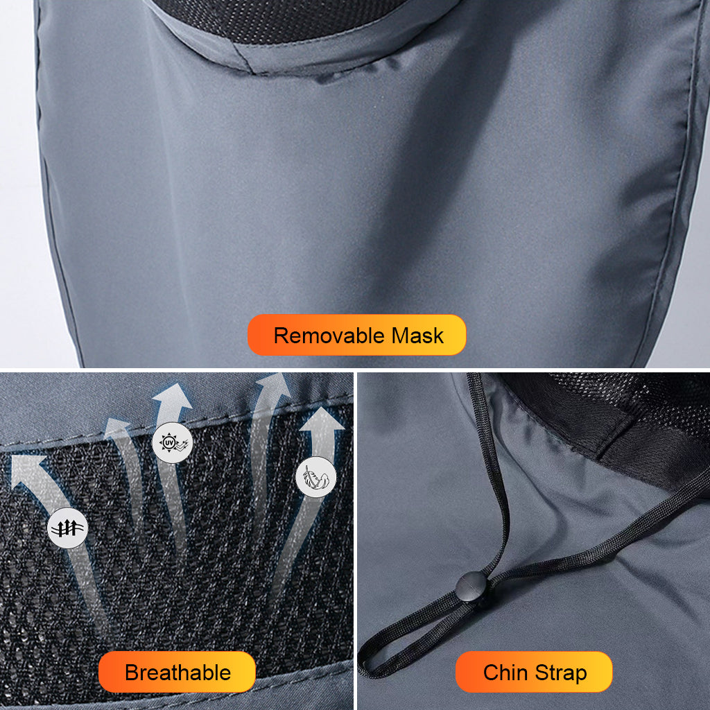 HASTHIP® Sun Hat Wide Brim Hat Hiking Hat UV-Protection Sun Hat with Neck Flap & Removable Face Cover Outdoor Unisex Sun Hat with Chin Strap, Breathable Sun Hat for Hiking, Fishing, Gardening, Grey