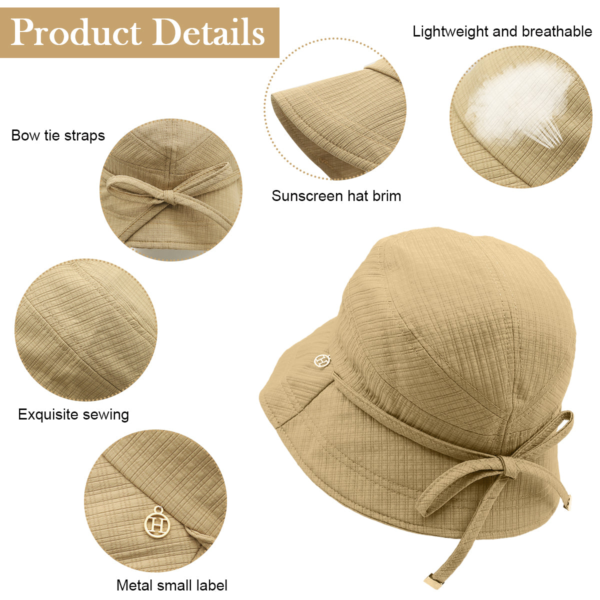HASTHIP® Sombrero de Cubo para Mujer con Protección Solar, ala Ancha Ajustable con Correa y Lazo Elegante, Sombrero de Playa Plegable y Transpirable para Verano al Aire Libre (Caqui)