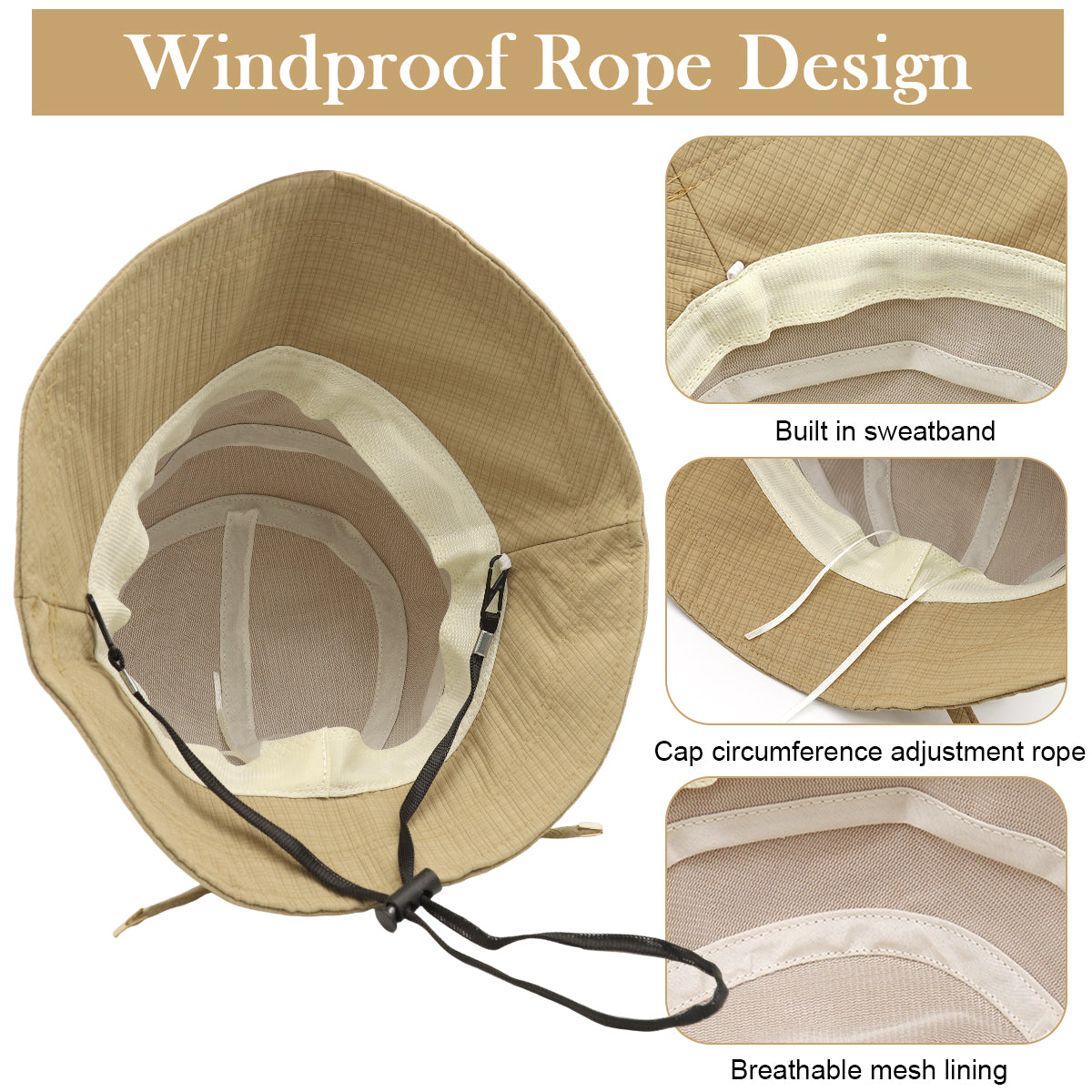 HASTHIP® Sombrero de Cubo para Mujer con Protección Solar, ala Ancha Ajustable con Correa y Lazo Elegante, Sombrero de Playa Plegable y Transpirable para Verano al Aire Libre (Caqui)