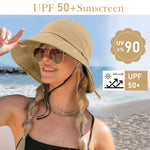 HASTHIP® Sombrero de Cubo para Mujer con Protección Solar, ala Ancha Ajustable con Correa y Lazo Elegante, Sombrero de Playa Plegable y Transpirable para Verano al Aire Libre (Caqui)